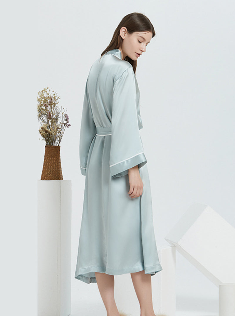 Plain Crepe Satin Spring And Autumn Female Loose Casual Breathable Belt Mint Green Long Nightgown