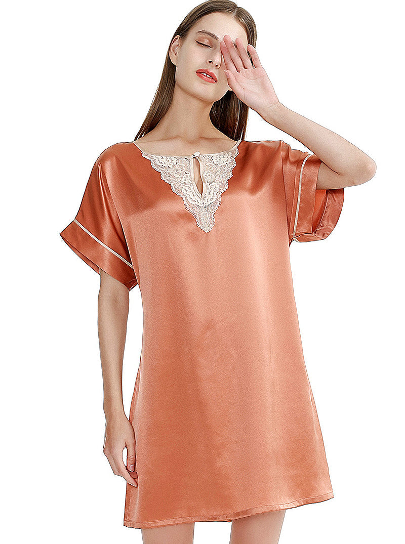 Silk Summer Lace Hollow V-Neck Female Simple And Elegant Belted Solid Color Short Sleeve Nightdress