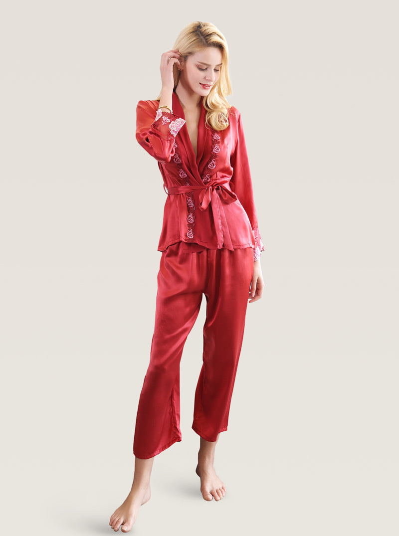 Embroidered Stitching Silk Spring And Autumn Female Solid Color Senior Gorgeous Short Nightgown Trousers Pajamas Two-Piece Set
