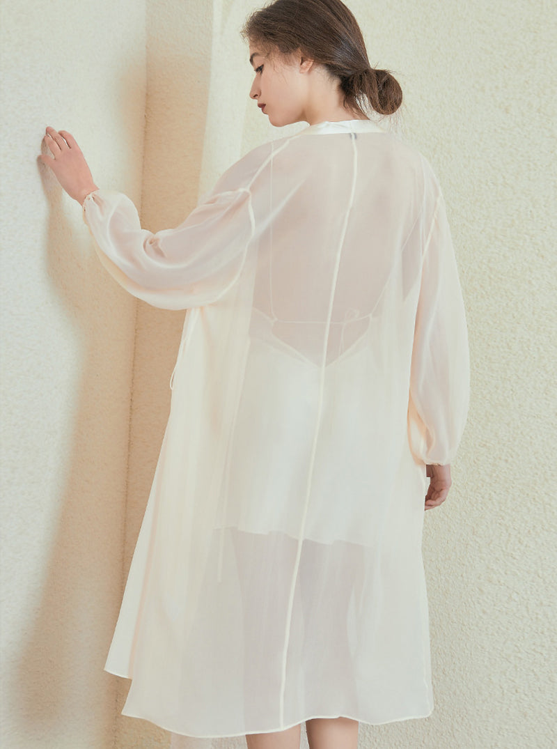 Female Silk Summer Lightweight Sexy Charming Goose Soft Yellow Long Sleeve Cardigan Night-Robe