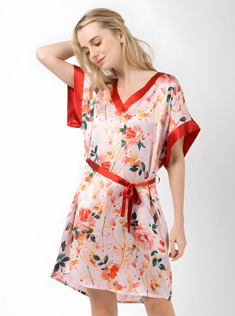 Printed Summer Ladies Silk V-Neck Elegant Luxurious Noble Simple Short Sleeve Belt Nightdress