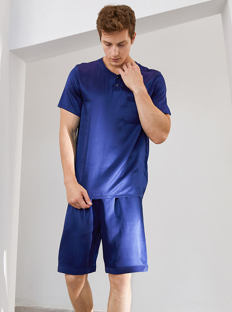 19 Momme Silk Summer Male Round Neck Casual Loose Handsome Solid Color Short-Sleeved Shorts Pajamas Two-Piece Set