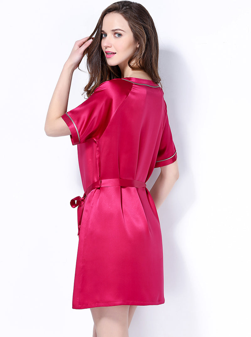 Silk Summer Female Round Neck Short Sleeves Sexy Simple Loose Belt Solid Color Nightdress