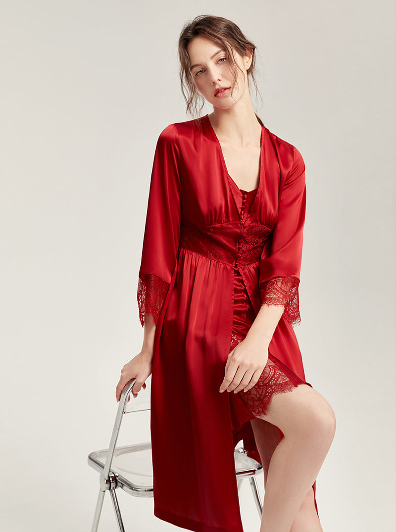 Silk Spring And Autumn Female V-Neck Waist Lace Long-Sleeved Sexy High-End Retro Elegant French Solid Color Pajamas