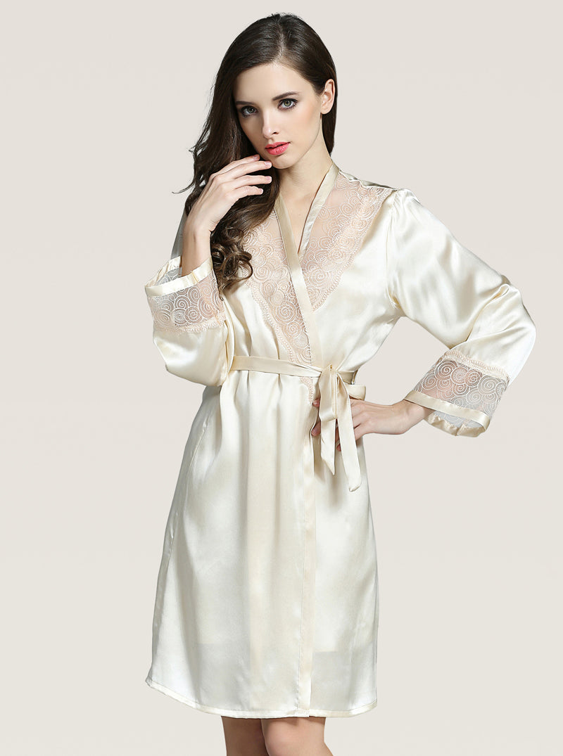 Spring And Summer Perspective Lace Silk Female V-Neck Chest Tie A-Line Version Sexy And Elegant Solid Color Suspender Nightdress Long-Sleeved Nightgown