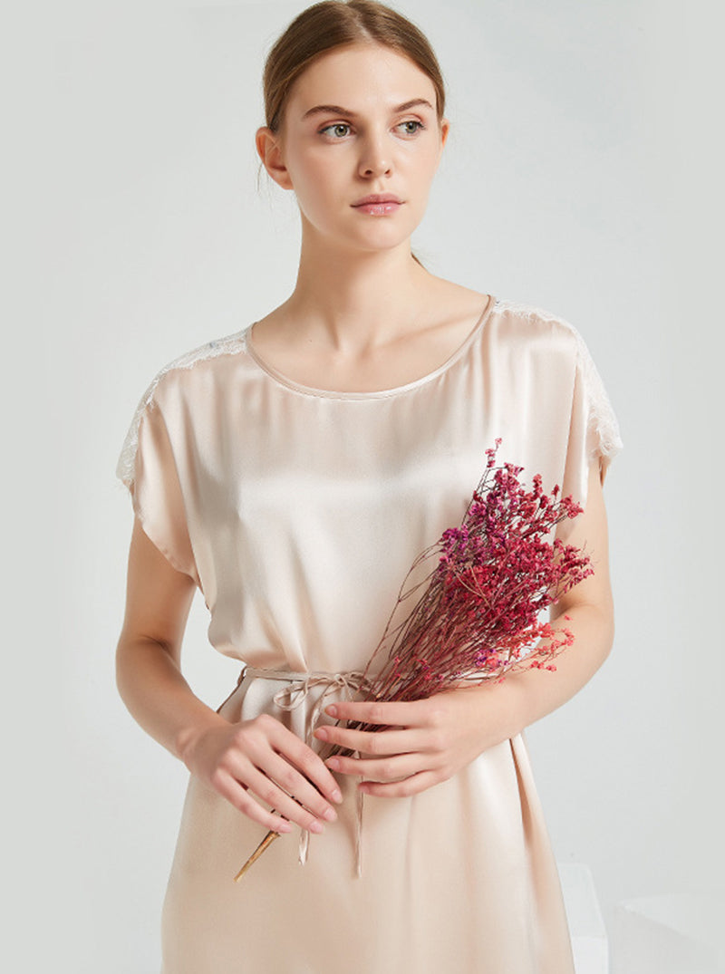 19 Momme Silk Female Spring And Summer Round Neck Lace Sexy And Elegant Adjustable Waist Light Apricot Short-Sleeved Nightdress