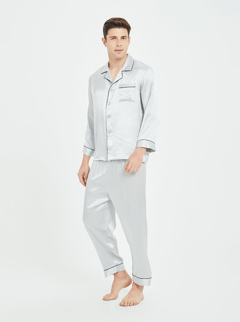 19 Momme Silk Spring And Autumn Male Small Lapel Comfortable And Breathable Classic Version Solid Color Long-Sleeved Trousers Pajamas Two-Piece Set