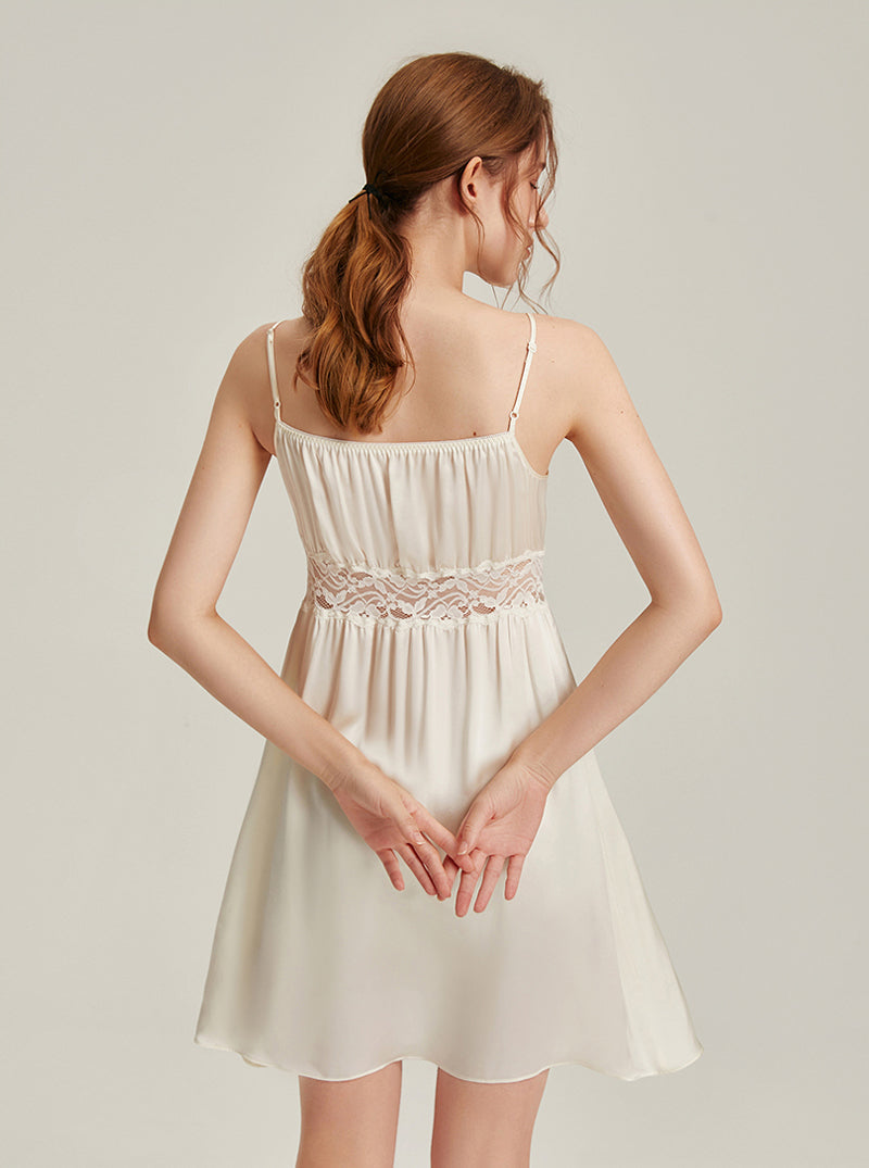 19 Momme Summer Female One-Word Collar Hollow Lace Palace Style Retro Fresh Sweet Elegant Sexy High Waist Neck Drawstring Beige Sling Nightdress