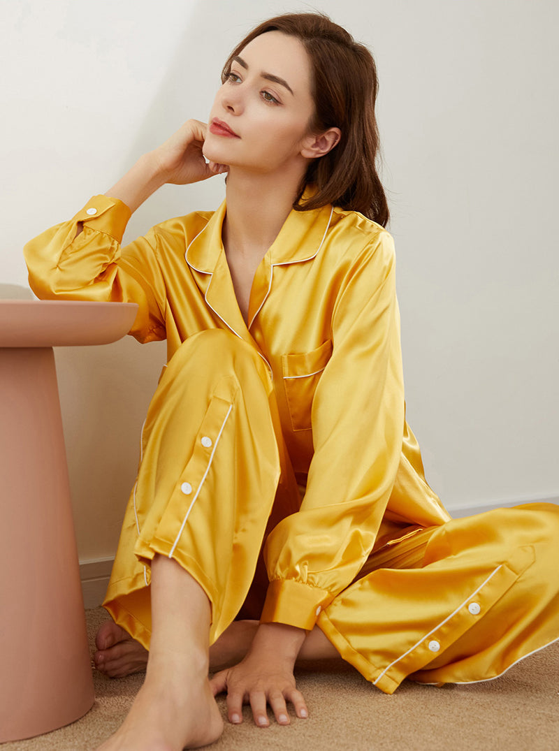 19 Momme Silk Autumn Ladies Small Lapel Beautiful Lively Colors Bright Long Sleeve Pajamas Two Piece Set