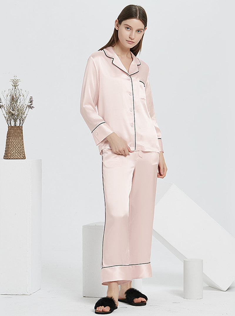 Female Autumn And Winter 22 Momme Silk Small Lapel Classic Casual Loose Solid Color Long-Sleeved Trousers Two-Piece Pajamas