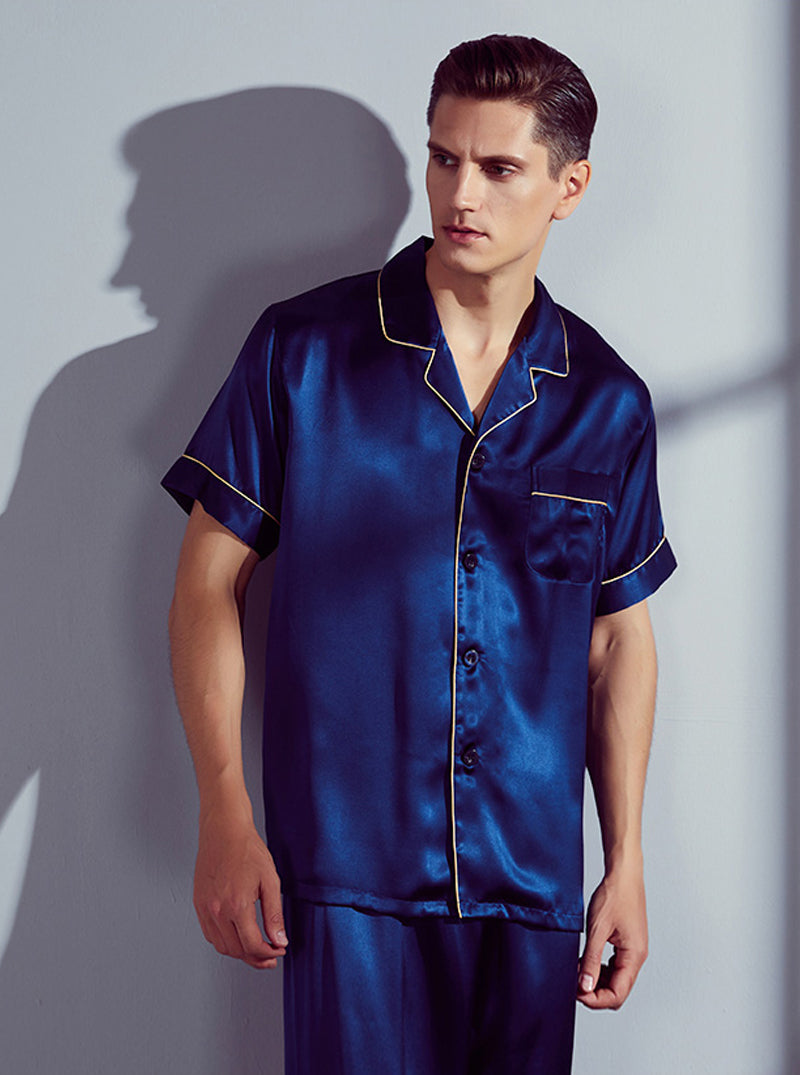 Silk Summer Male Small Lapel Comfortable Fashion Textured Multicolor Short Sleeve Pajamas Two-Piece Set