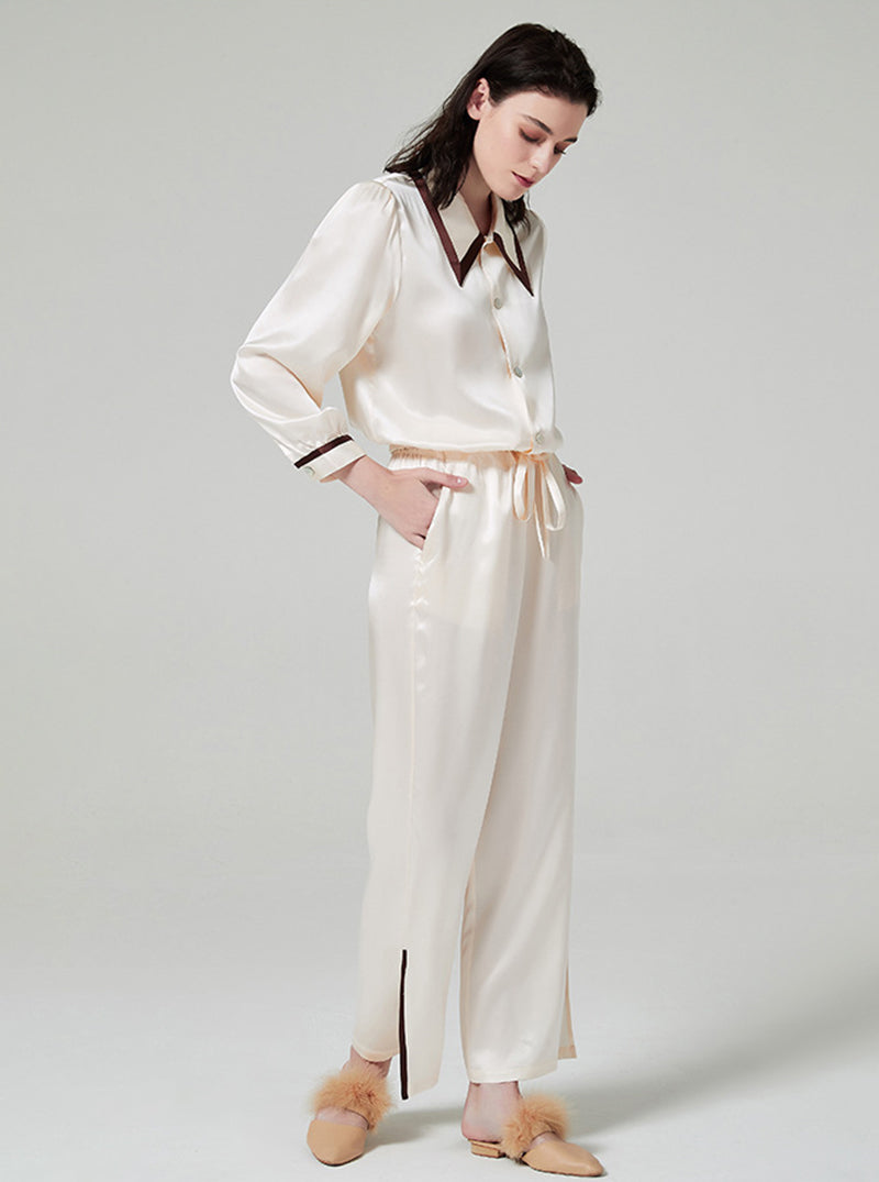 19 Momme Silk Female Spring Retro Pointed Collar High-Quality Temperament Leg Split Contrast Color Long-Sleeved Trousers Pajamas Two-Piece Set
