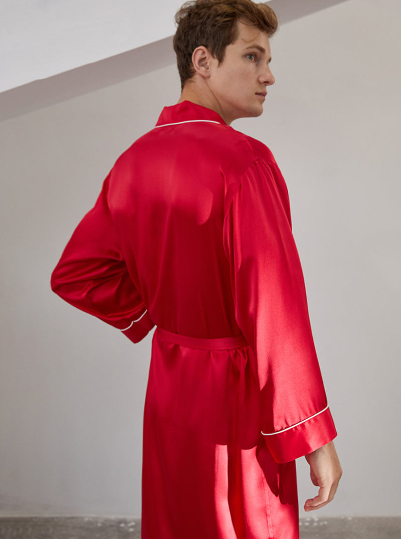 Suit Collar 19 Momme Silk Male Spring Summer Fashion High-End Solid Color Long-Sleeved Long Night-Robe