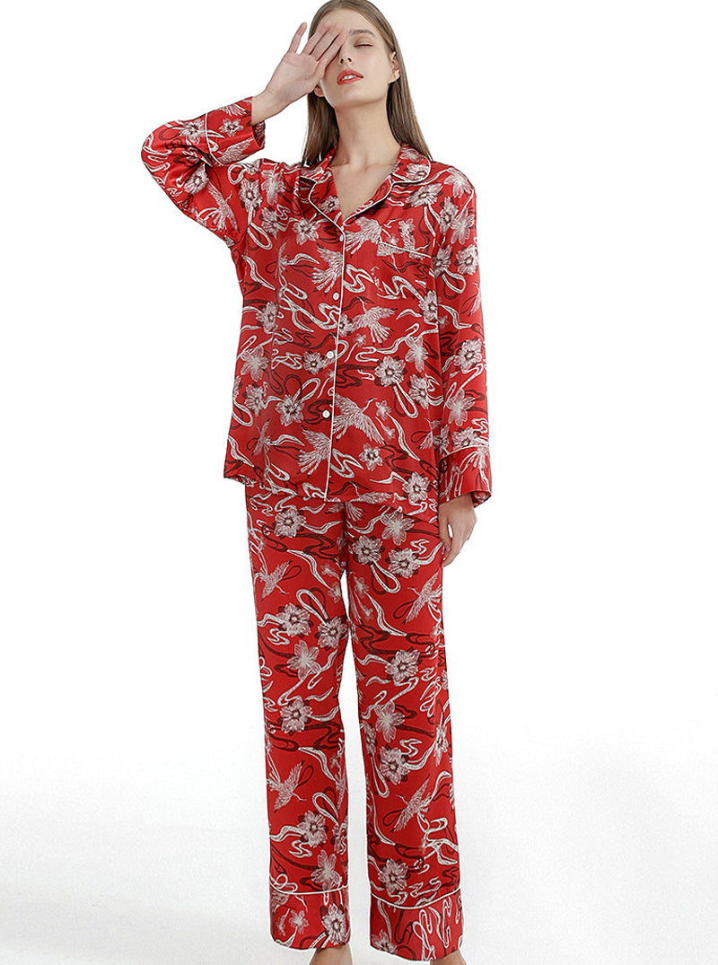 Silk Summer Female Small Lapel Print Elegant And Dignified Charming Multi-Color Long-Sleeved Pajamas Two-Piece Set