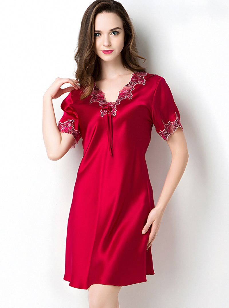 Silk Summer Female Lace Stitching V-Neck Sexy High-End Luxury Casual Solid Color Short-Sleeved Nightdress