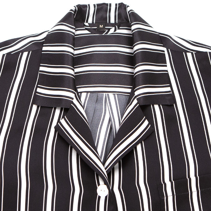 Male Summer 19 Momme Silk Shirt Collar Loose Temperament Black And White Striped Print Short-Sleeved Shorts Two-Piece Pajamas