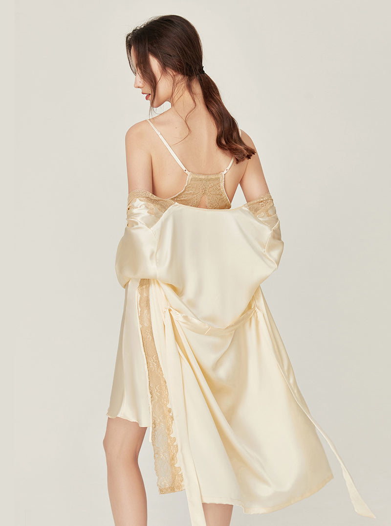 Silk Female Matching Pajamas Champagne Sexy Lace V Collar Sling Nightdress With Chest Pads And Night-Robe Set