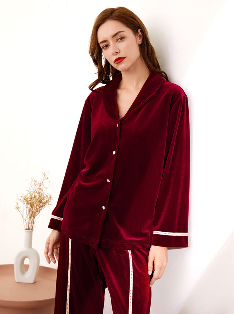 Silk Autumn And Winter Ladies Large Lapel High Fashion Retro Gentle Solid Color Long-Sleeved Two-Piece Pajamas