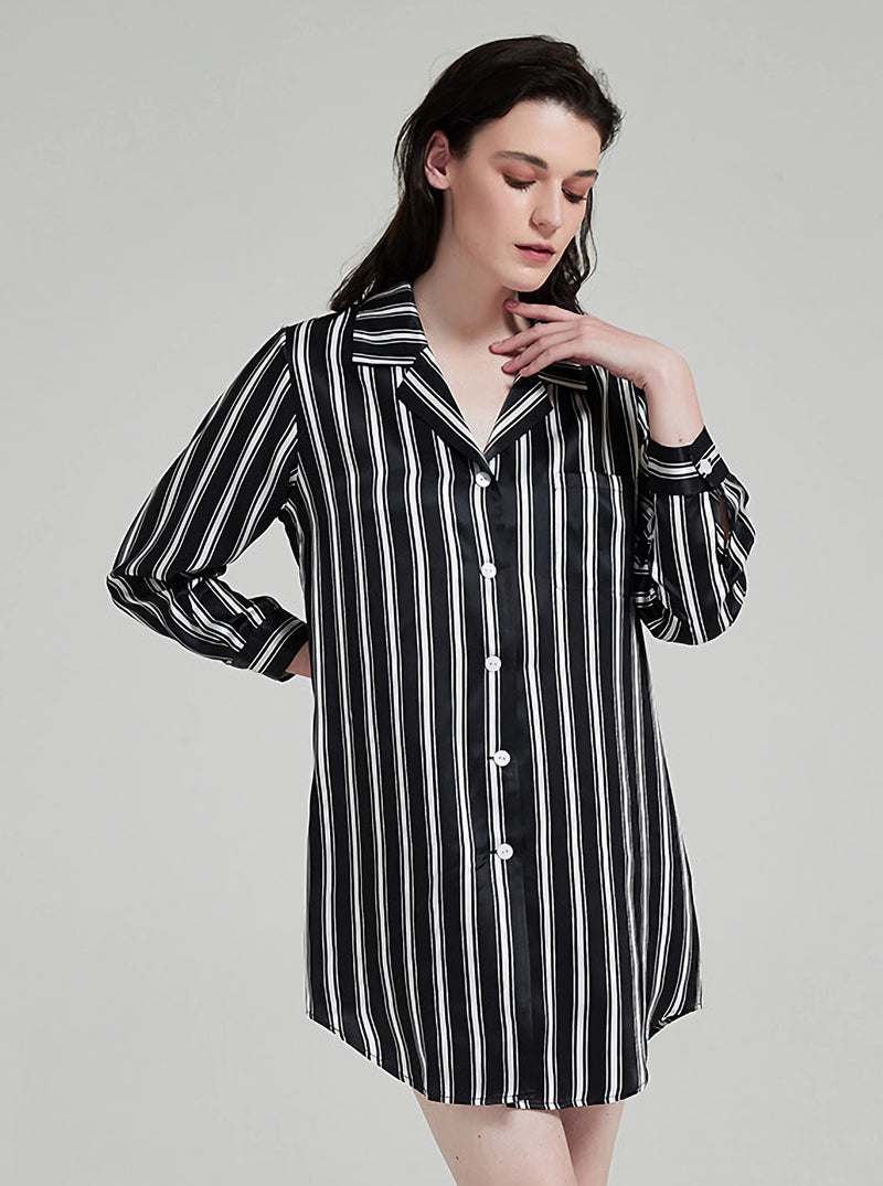 19 Momme Silk Black And White Striped Print Spring Autumn Blouse Collar Breathable Cool And Comfortable Long Sleeve Nightdress