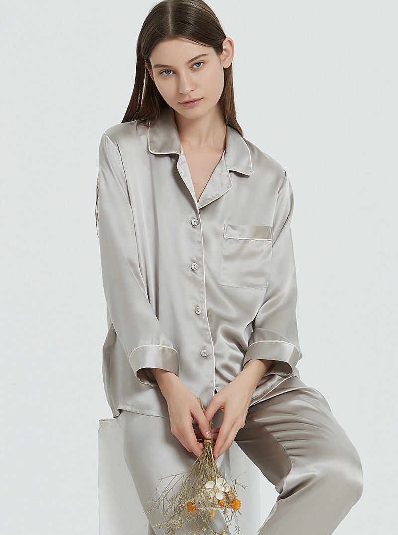 Silk Spring And Autumn Female Suit Collar Simple Fashion Classic Long Sleeve Pants Pajamas Two-Piece Set
