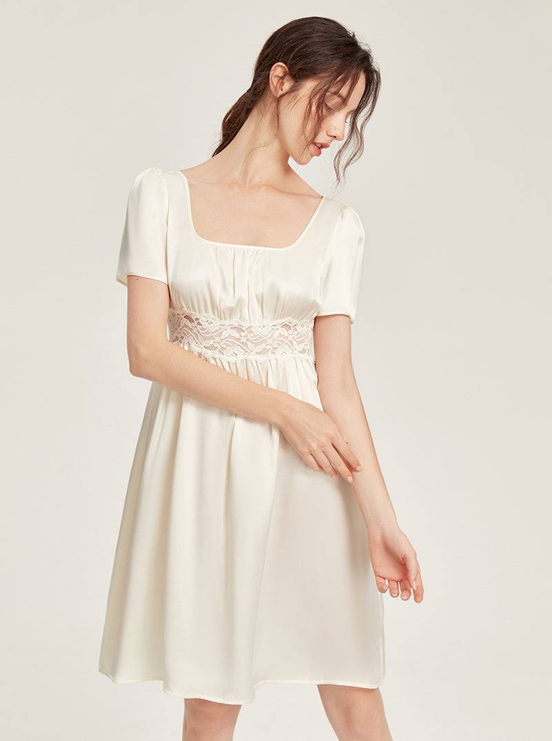 Summer Silk Court Style Boat Collar Waist Hollow Lace Loose Hem Short Sleeve Nightdress Female