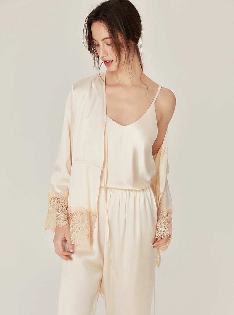 Silk Spring Female V Collar Lazy Retro Matching Pajamas Lace Stitching Three-Piece Set