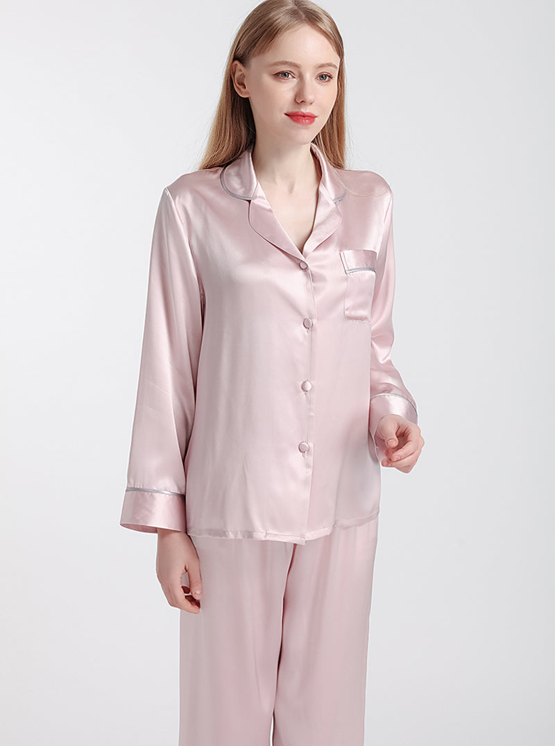 Female Summer Silk Contrast Color Line Small Lapel Simple Loose Comfortable Elegant Solid Color Long-Sleeved Pajamas Two-Piece Set