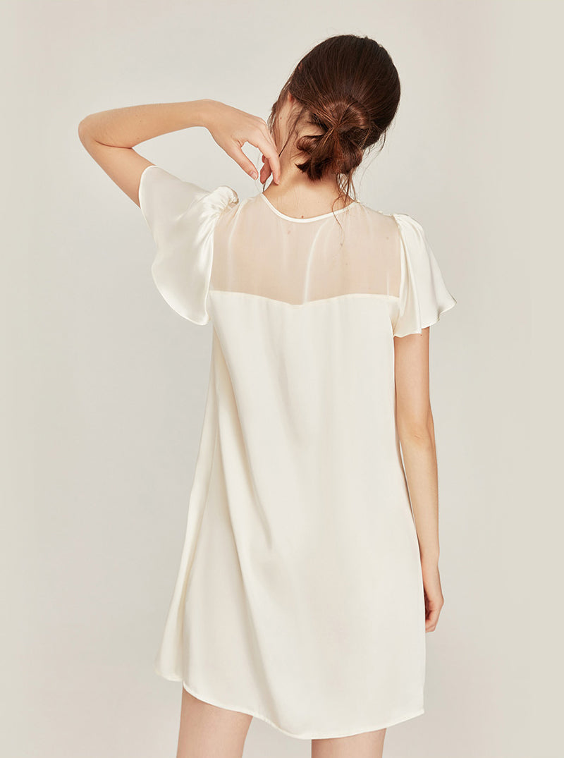 Silk Summer Advanced Sense Can Be Outdoors Simplicity Milk White Tulle Splicing Round Collar Short-Sleeve Female Loose Nightdress