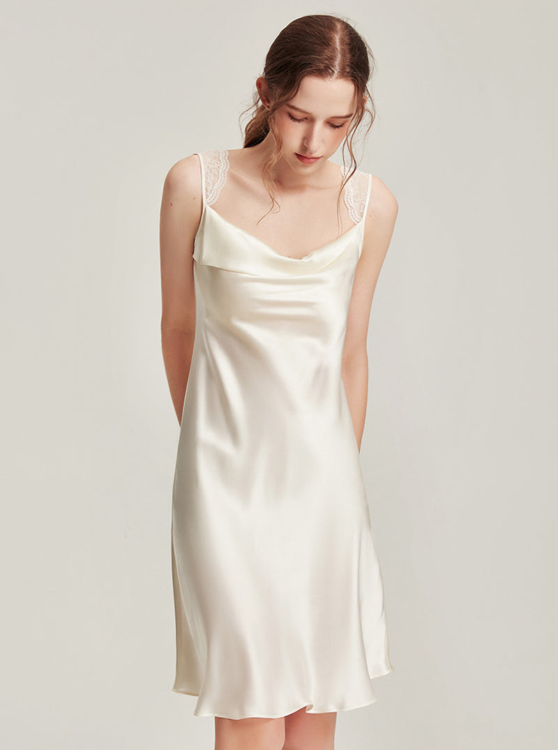 Silk Female Autumn Swing Collar Elegant Romantic Simple Soft Stitching Perspective Lace Suspender Nightdress Long-Sleeved Nightgown