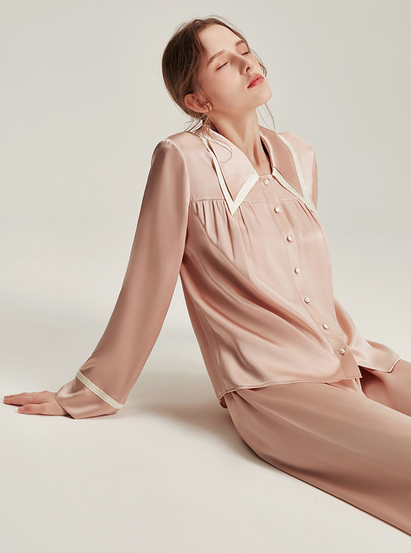 Silk Female Autumn Lapel Stitching Design Simple Fashion Soft Breathable Comfortable Long Sleeve Pajamas Two Pieces Of Solid Color