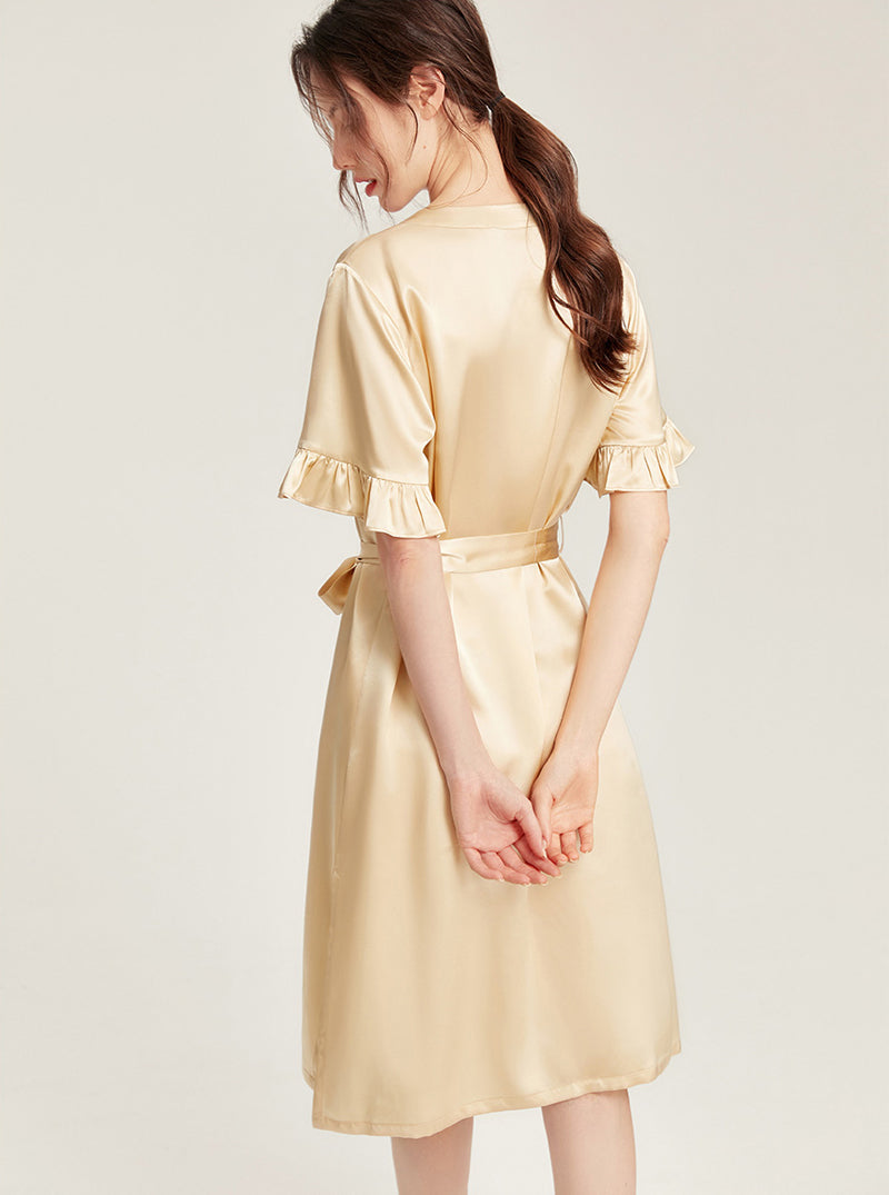 Female Summer 19 Momme Pure Color Silk Buttons V Collar Split Hem Ruffle Short Sleeve Medium Length Night-Robe