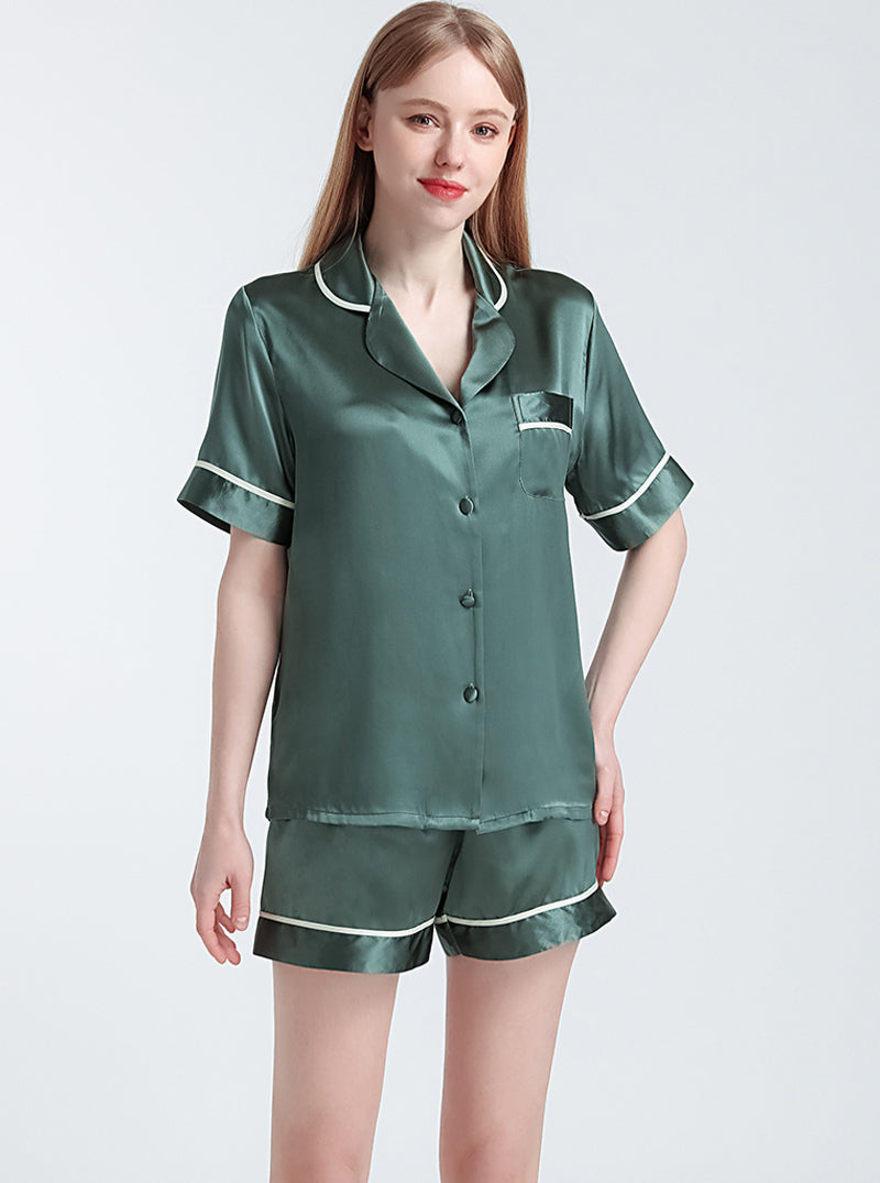 Silk Summer Ladies Small Lapel Cool And Comfortable Loose Stitching Multi-Color Short-Sleeved Shorts Pajamas Two-Piece Set