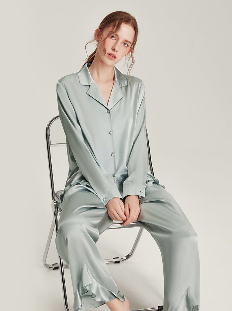 Solid Light Color Female Silk Autumn Shirt Collar Comfortable Breathable Ruffles Simple Basic Long Sleeve Pants Two Piece Pajamas