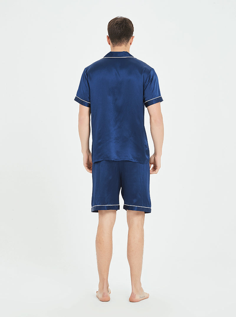 19 Momme Silk Summer Male Suit Collar Cool And Comfortable Casual Basic Solid Color Short-Sleeved Shorts Pajamas Two-Piece Set