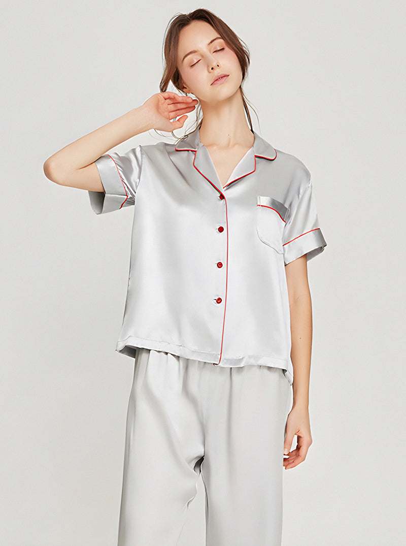 19 Momme Ladies Summer Multicolor Contrast Small Lapel Button Soft And Comfortable Short Sleeve Pants Pajama Two Piece Set