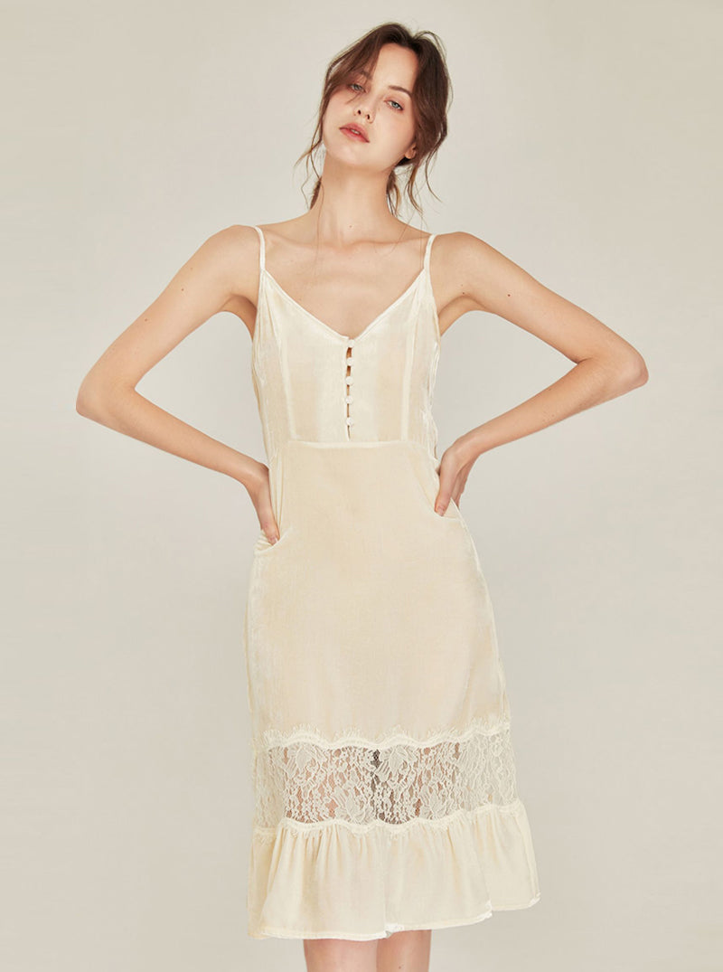 Autumn Winter Silk Velvet Female Medium Length Matching Pajamas V Collar Lace Stitching Hem Slim Sling Nightdress And Night-Robe Set