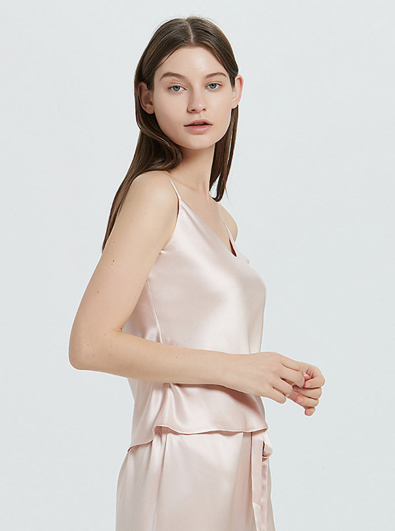 22 Momme Silk Summer Female V-Neck Suspender Trousers Sexy Casual Casual Breathable Comfortable Light Lotus Pink Pajamas Two-Piece Set