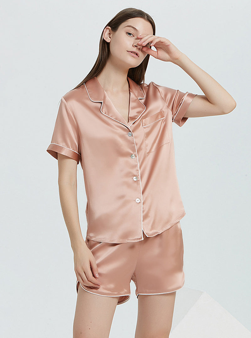 Multicolor 19 Momme Silk Female Small Lapel Summer Simple Fashion Cool And Convenient Short Pajamas