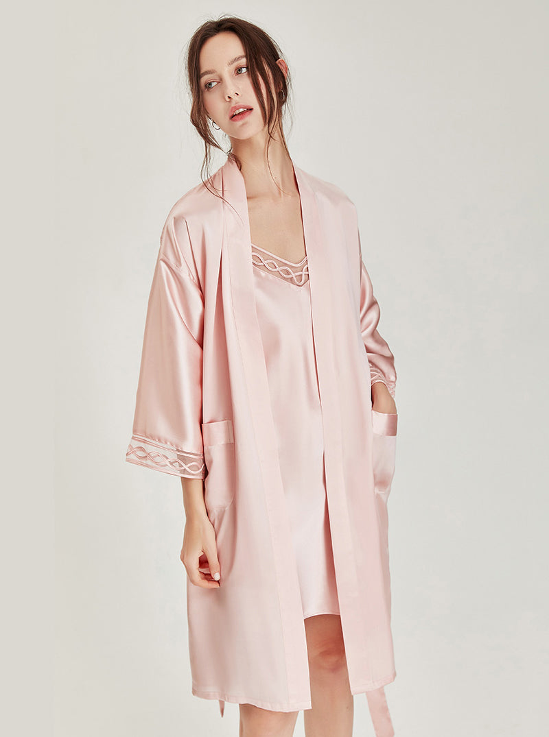 Solid Color Silk Autumn And Winter Female Lace V-Neck Sexy Luxury Soft Long-Sleeved Nightgown Suspenders Nightdress Two-Piece Set