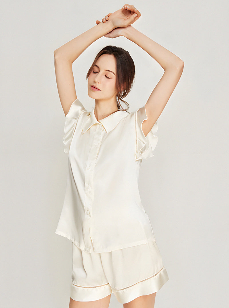 Silk Matching Pajamas Female Summer Simplicity Shirt Collar Lapel Lace Hollow Splicing Ruffle Small Flying Sleeve Top Shorts Two-Piece Set