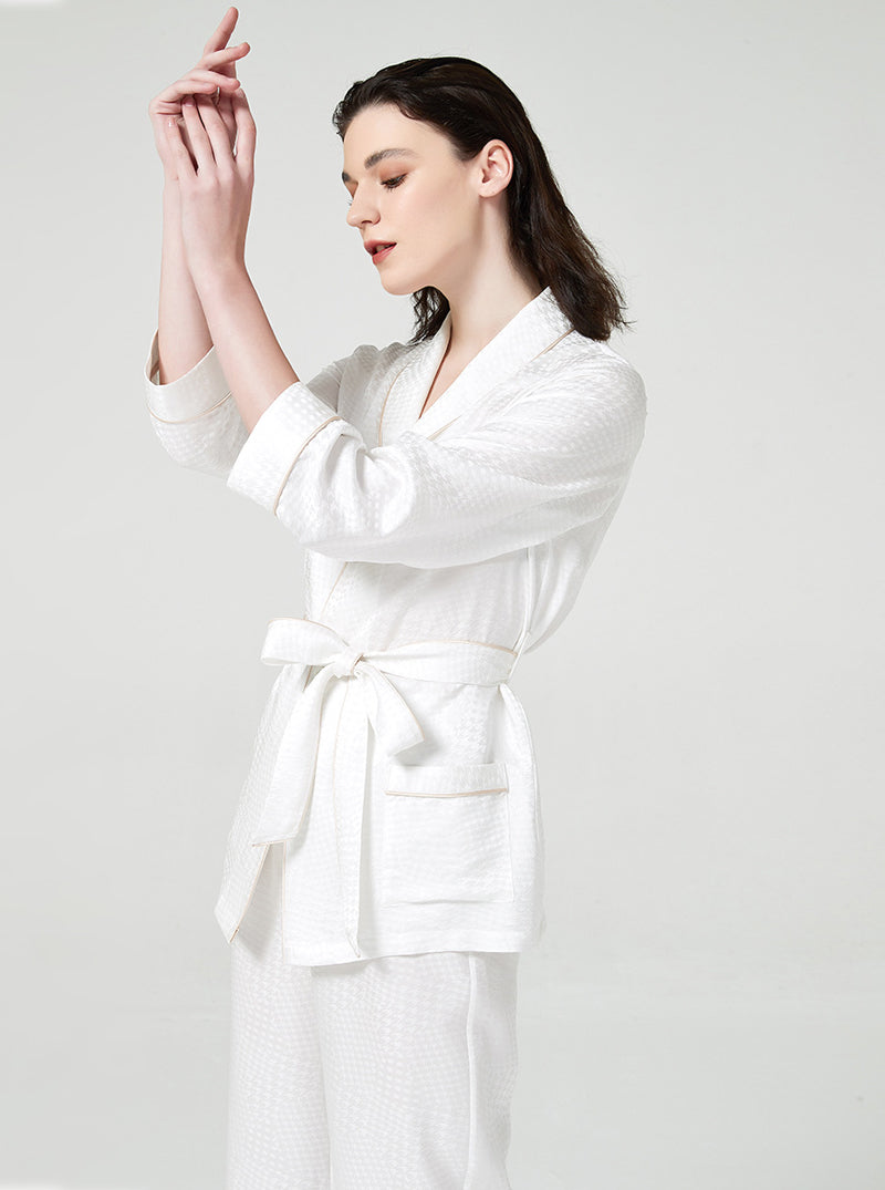 Houndstooth Jacquard 19 Momme Silk Spring And Autumn Female Lapel Elegant And Dignified Solid Color Pajamas Long-Sleeved Trousers Two-Piece Set