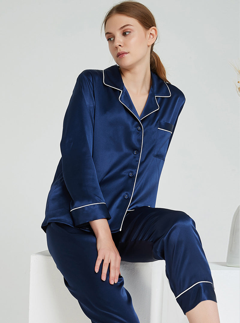 19 Momme Silk Spring And Autumn Female Suit Collar Simple Intellectual Elegant Long-Sleeved Trousers Multi-Color Pajamas Two-Piece Set