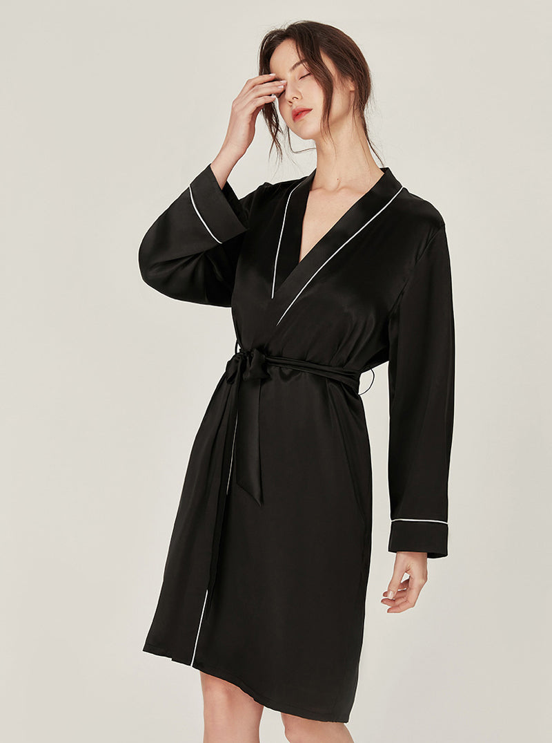 Silk Wedding Morning Robe V Collar Advanced Sense Simplicity Pure Color Medium Length Night-Robe Female
