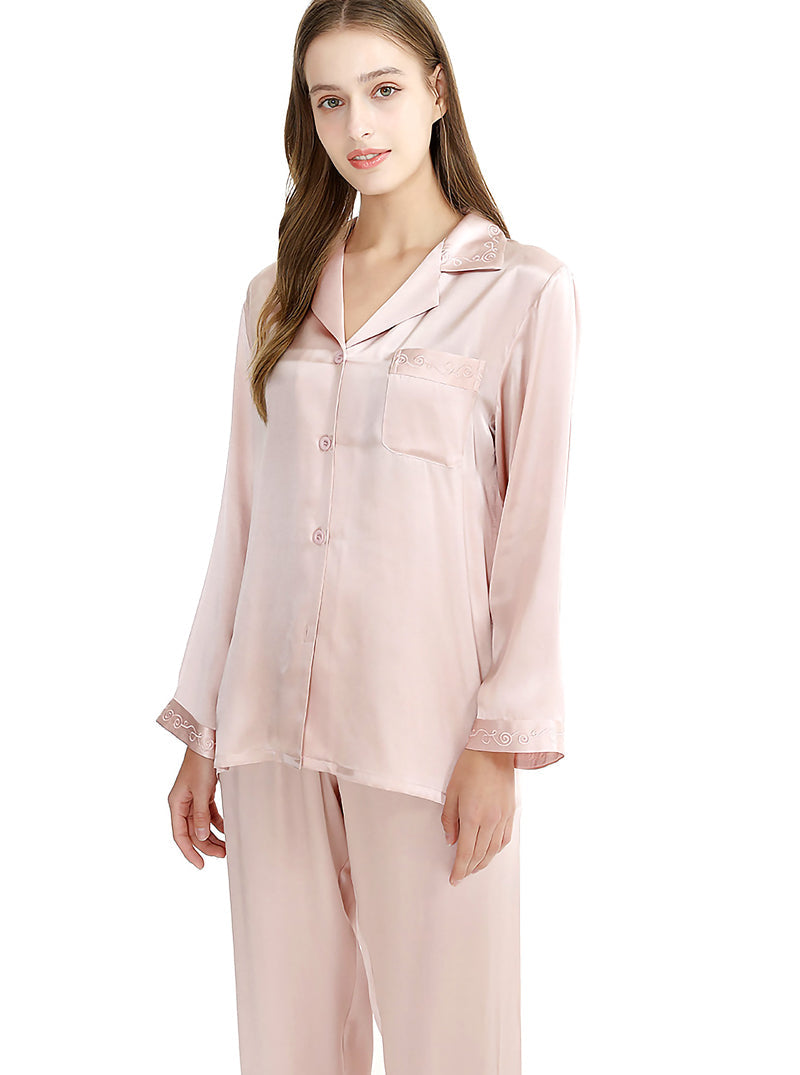 Couple Pajamas Sets Silk Summer Print Small Lapel Pink Elegant Pure Color Long-Sleeved Two-Piece Pajamas