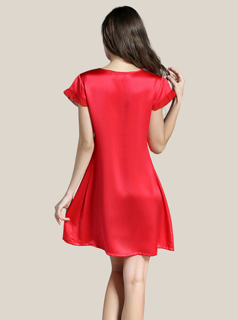 Silk Summer Female V-Neck Ruffled Lace Sexy And Comfortable A-Line Skirt Solid Color Short-Sleeved Nightdress
