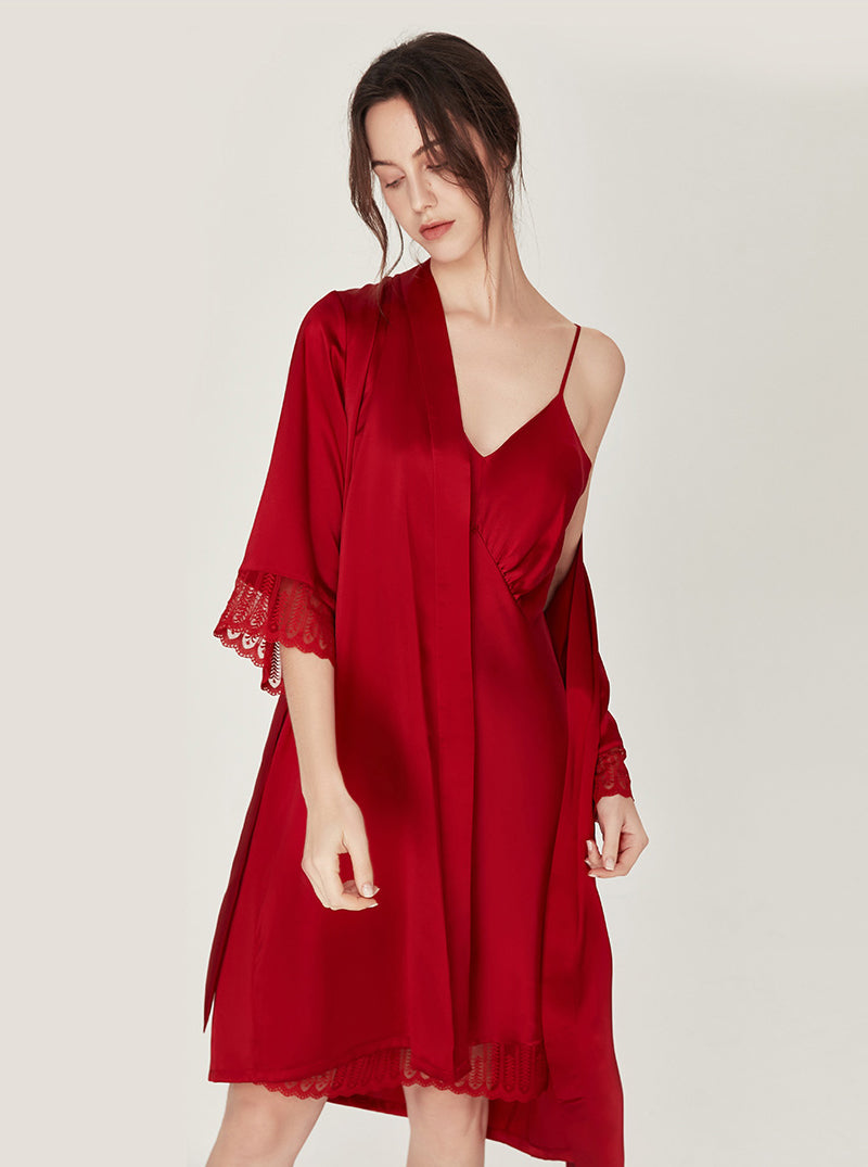 Summer Silk Matching Pajamas Elegant V Collar Fold Design Stitching Lace Edge Medium Length Nightdress And Night-Robe Set