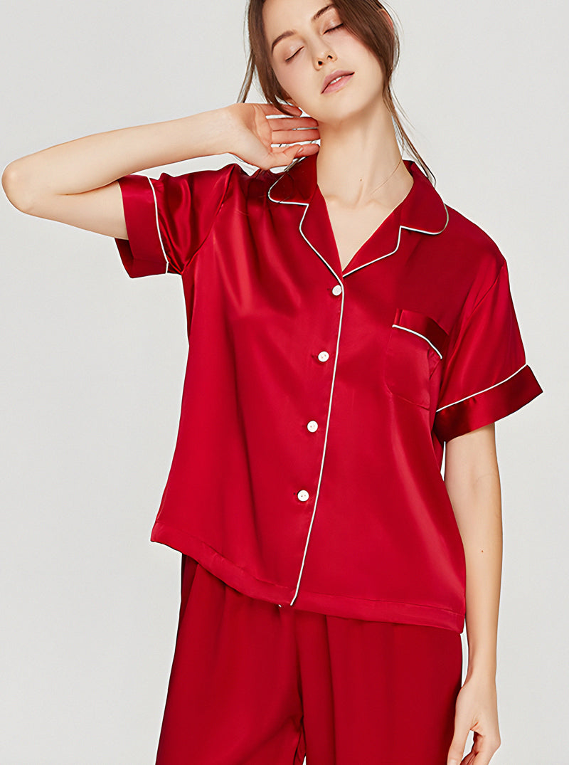 19 Momme Ladies Summer Multicolor Contrast Small Lapel Button Soft And Comfortable Short Sleeve Pants Pajama Two Piece Set