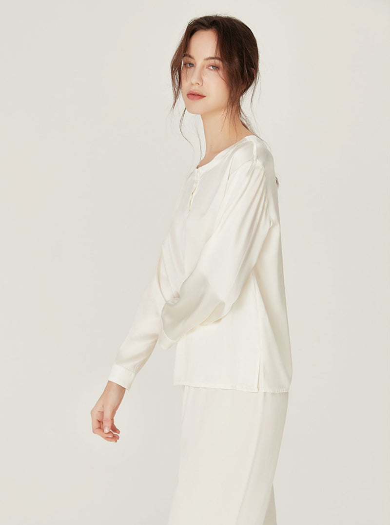 Silk Spring Summer Simplicity Round Collar Matching Pajamas Small Split Hem Long Sleeve Two-Piece Set Female
