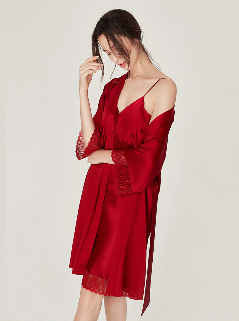 Summer Silk Matching Pajamas Elegant V Collar Fold Design Stitching Lace Edge Medium Length Nightdress And Night-Robe Set
