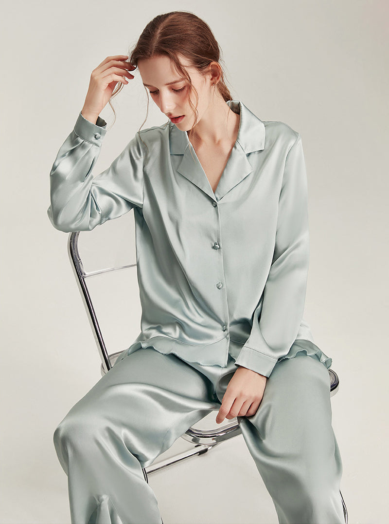 Solid Light Color Female Silk Autumn Shirt Collar Comfortable Breathable Ruffles Simple Basic Long Sleeve Pants Two Piece Pajamas